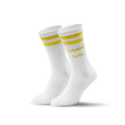 SEO. Tennissocken - Kinder Wunschtext - personalisiert mit Namen - Gelb Linkreich