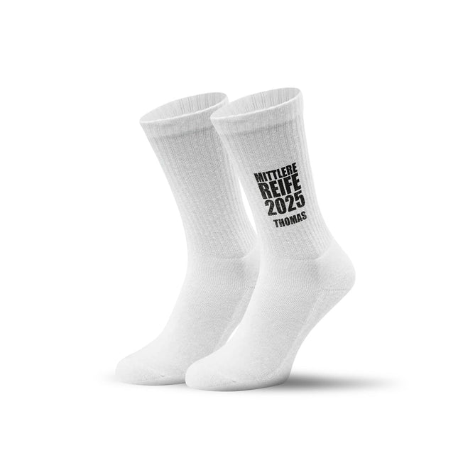 SEO. Tennissocken - Mittlere Reife - personalisiert mit Namen & Jahr - Weiß Linkreich