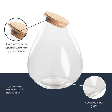 Terrarienflasche Drop XXL Korkdeckel – Ø34cm ↕43cm – Große tropfenförmige Glasflasche aus Recyclingglas – ca. 18,5L Volumen – Ideal für DIY