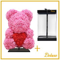 Bär DELUXE Dunkelrosa 40 cm – Hochwertiges Schaumstoff-Ornament mit rotem Herz – Elegante Geschenkverpackung – Edle Dekofigur auf Ständer