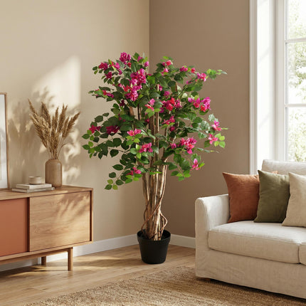 Kunstpflanze Bougainvillea 120cm – künstliche Bougainville im Topf – blühender Deko – Baum mit realistischer Blütenoptik – pflegeleichte Grün