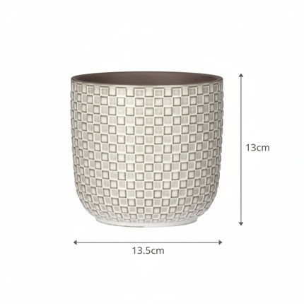 Pflanztopf Relief hellgrau D13,5cm – Blumentopf mit geometrischem Quadratmuster – strukturierte Oberfläche mit Innenrand-Kontrast – moderner Dekotopf für Zimmerpflanzen & Kräuter