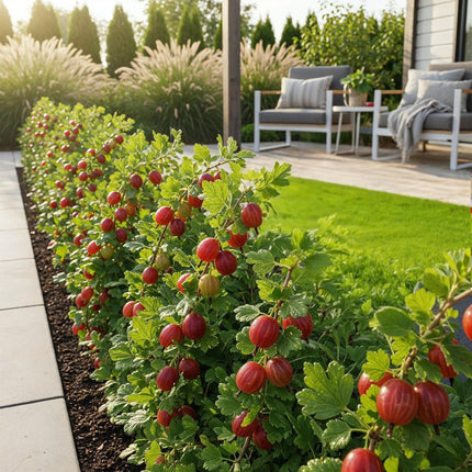 Rote Stachelbeere Ribes uva – crispa Hinnonmaki winterhart 3 Pflanzen Ø9cm Höhe30cm – Süß – saure rote Beeren für Garten Beet Balkon & Terrasse