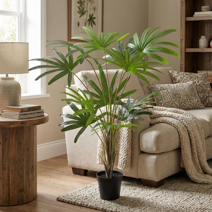 Kunstpflanze Rhapis Excelsa 120cm – künstliche Steckenpalme im Topf