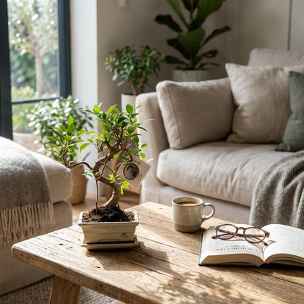 Bonsai Baum Ø15cm Höhe 30-35cm – Klassischer Miniaturbaum mit geschwungenem Stamm – In edler Keramikschale – Dekorative Zimmerpflanze