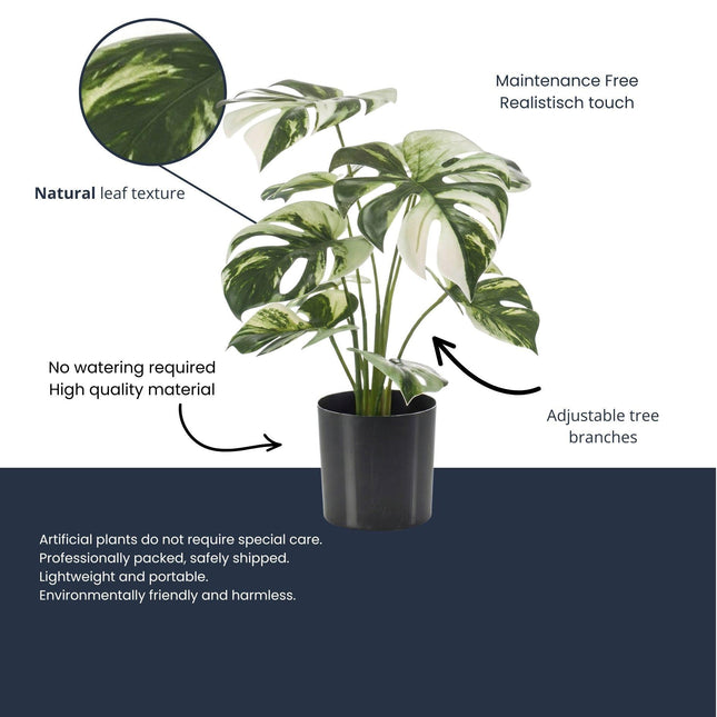 Monstera Kunstpflanze Busch im Topf 40cm – Dekorative Fensterblatt Kunstpflanze – Pflegefreie Zimmerpflanze für Wohnzimmer Büro & Fensterbank