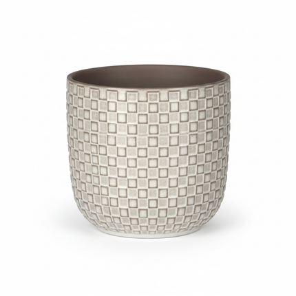Pflanztopf Relief hellgrau D13,5cm – Blumentopf mit geometrischem Quadratmuster – strukturierte Oberfläche mit Innenrand-Kontrast – moderner Dekotopf für Zimmerpflanzen & Kräuter