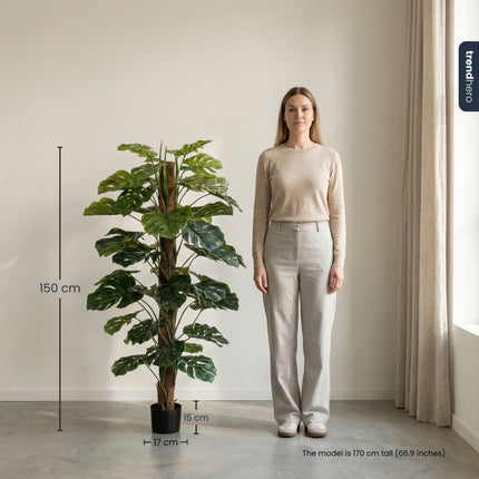 Monstera Kunstpflanze auf Ständer – ca.150cm – Künstliche Monstera mit dekorativem Standfuß – Pflegefreie Designpflanze für Wohnzimmer Büro & Empfang