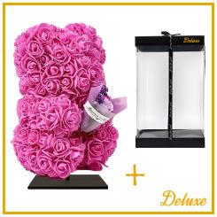 Bär DELUXE auf Ständer 25 cm – Fuchsia Schaumstoff mit Blumenstrauß – in luxuriöser Geschenkverpackung 25 cm