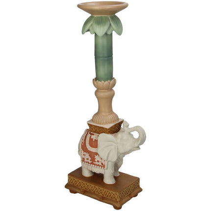 Kerzenständer Elefant Rosa/Grün – Polyresin – 34,5cm – Exotische Deko für Tisch, Sideboard & Fensterbank