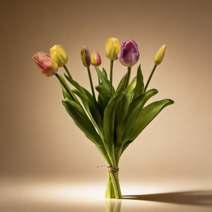 Tulpenstrauß Sanfter Frühling Real Touch Kunsttulpen – 7 Stiele – 42cm – Pastell Kunstblumenstrauß in Gelb Rosa Flieder