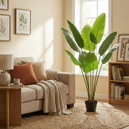 Kunstpflanze Strelitzia Nicolai 135cm – künstliche Paradiesvogelpflanze – realistische XXL – Blätter & tropische Optik – pflegeleichte Grün