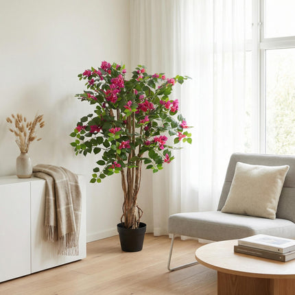 Kunstpflanze Bougainvillea 120cm – künstliche Bougainville im Topf – blühender Deko – Baum mit realistischer Blütenoptik – pflegeleichte Grün