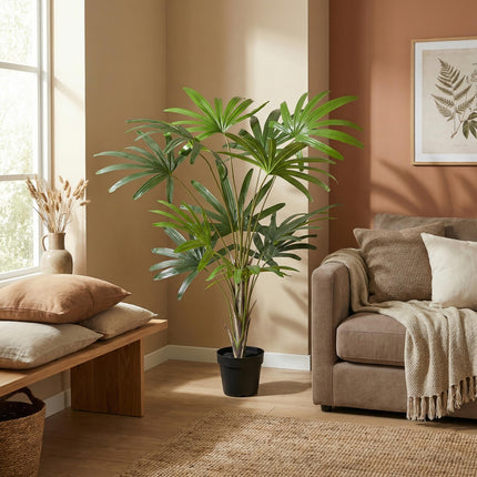 Kunstpflanze Rhapis Excelsa 120cm – künstliche Steckenpalme im Topf