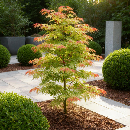 Ahorn Acer palmatum Phoenix – 12cm – Höhe ca. 35cm – Rosa Austrieb & rote Blüte