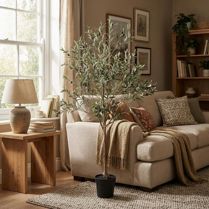 Kunstpflanze Olivenbaum 170cm – künstlicher Olive Tree – extra großer Deko – Baum mit realistischer Blatt – & Olivenoptik – pflegeleichte Grün