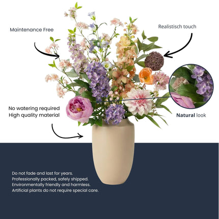 Kunstblumenstrauß Pastel Meadow Deluxe 100cm – Real Touch Blumenstrauß mit 15 Stielen – Pflegefreie Premium Dekoblumen