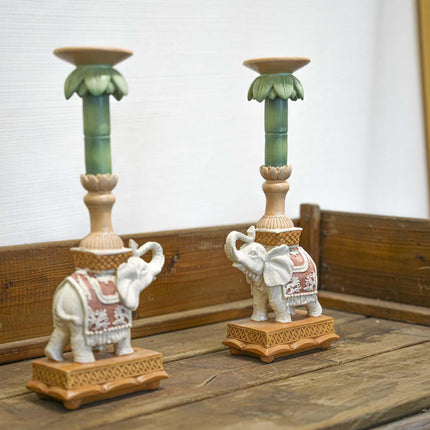 Kerzenständer Elefant Rosa/Grün – Polyresin – 34,5cm – Exotische Deko für Tisch, Sideboard & Fensterbank