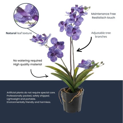 Orchidee Vanda Kunstpflanze – ca.60cm – Violett – Künstliche Orchidee im Topf – Pflegefreie Dekopflanze für Wohnzimmer Büro & Empfang