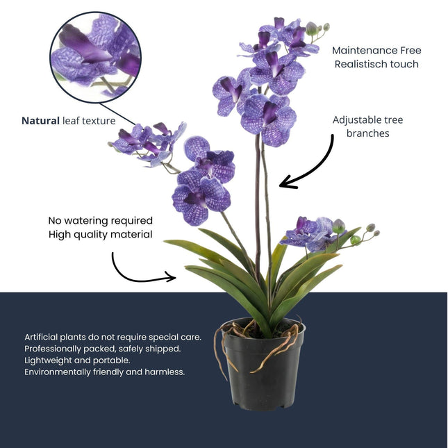 Orchidee Vanda Kunstpflanze – ca.60cm – Violett – Künstliche Orchidee im Topf – Pflegefreie Dekopflanze für Wohnzimmer Büro & Empfang