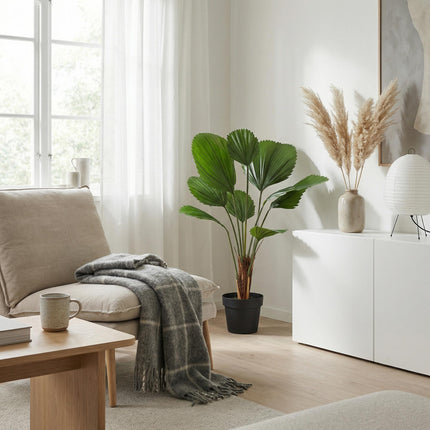 Kunstpflanze Licuala Grandis 104cm – künstliche Fächerpalme – realistische Fächerblätter & tropische Optik – pflegeleichte Grün