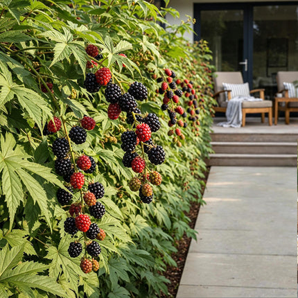 Immergrüne Brombeere Rubus Thornless Evergreen winterhart 6 Pflanzen Höhe 30cm Ø9cm – Dornenlose schwarze Brombeere für Garten Beet Balkon & Terrasse