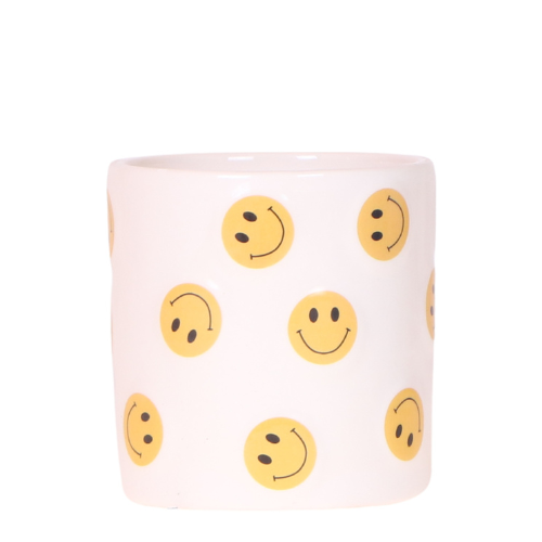 Smiley Übertopf Ø9cm – weißer Blumentopf mit gelben Smileys – Pflanztopf für Mini – Orchidee, Kaktus & Zimmerpflanzen – Gute