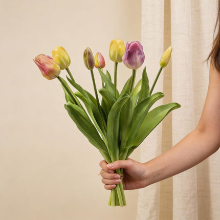Tulpenstrauß Sanfter Frühling Real Touch Kunsttulpen – 7 Stiele – 42cm – Pastell Kunstblumenstrauß in Gelb Rosa Flieder