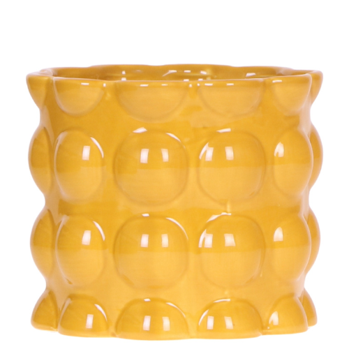 Übertopf Cotton Shine gelb Ø12cm – Blumentopf mit Blasenrelief – hochglänzender Retro – Übertopf im 70er – Design