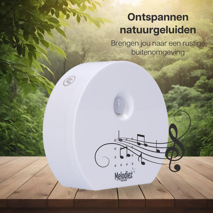 Melodiez Musikbox Weiß – Naturklänge mit Bewegungssensor – Kompakte Soundbox für beruhigende Vogelstimmen, Meeresrauschen & Dschungelklänge