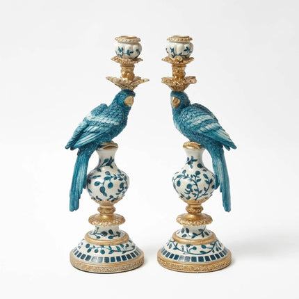 Kerzenständer Holländischer Blaupapagei 40cm – Handbemalter Kerzenhalter aus Polystone – Dekoration im tropischen Stil – Geschenkidee für Vogelliebhaber & Delfter-Porzellan-Fans