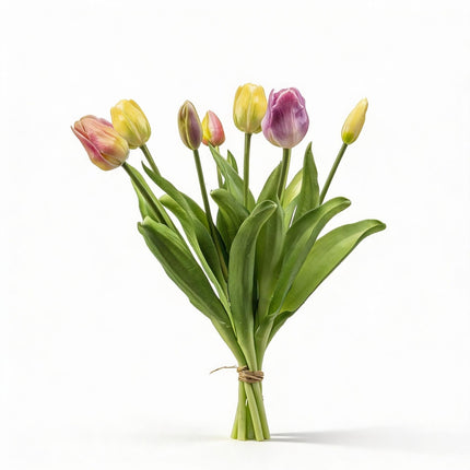 Tulpenstrauß Sanfter Frühling Real Touch Kunsttulpen – 7 Stiele – 42cm – Pastell Kunstblumenstrauß in Gelb Rosa Flieder