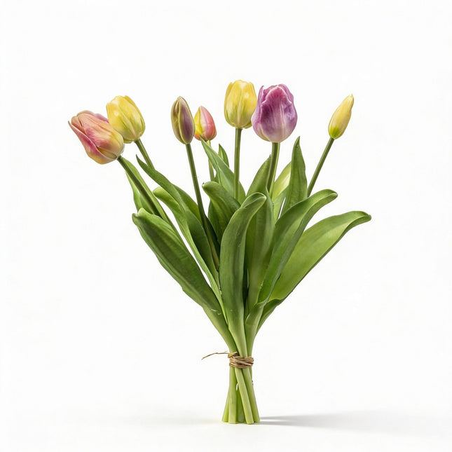 Tulpenstrauß Sanfter Frühling Real Touch Kunsttulpen – 7 Stiele – 42cm – Pastell Kunstblumenstrauß in Gelb Rosa Flieder