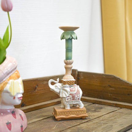 Kerzenständer Elefant Rosa/Grün – Polyresin – 34,5cm – Exotische Deko für Tisch, Sideboard & Fensterbank