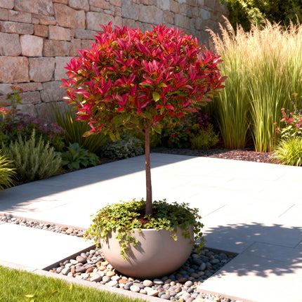 Glanzmispel Photinia fraseri Carré Rouge – 19cm Höhe ca.90cm – Immergrün & winterhart – Grün – rotes Laub – Ziergehölz