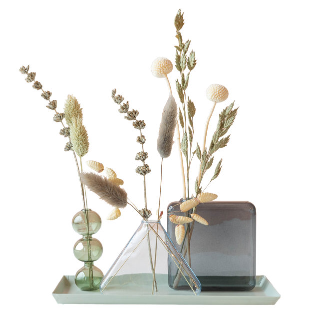 Trockenblumen mit Vasen – Dried Beauty – Stilvolles Trockenblumengeschenk ca. 30 cm – Mit 3 Glasvasen & Plateau – Perfekt für Zuhause, Büro & als Geschenk