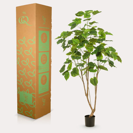 Kunstpflanze Ficus Umbellata – Afrikanische Feige – ca. 180cm hoch – Hochwertige künstliche Zimmerpflanze mit großen Blättern – Dekopflanze für Wohnzimmer, Büro & Wintergarten