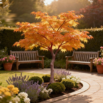 Ahorn Acer palmatum Sangokaku – 12cm – Höhe ca. 35cm – Hellgrünes Laub & goldene Herbstfärbung – Laubabwerfender pflegeleichter Zierstrauch