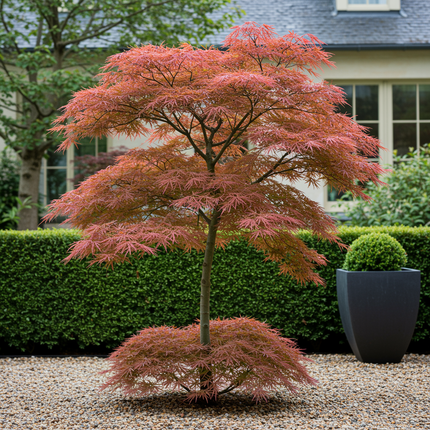Japanischer Ahorn – Acer palmatum Jerre Swarts – 2 Pflanzen – Dunkelrot – je ca. 70 cm hoch – im 19 cm Topf – Balkon- & Kübelpflanze – Farbwechsel im Herbst