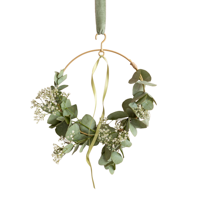 Blumenkranz DIY – Eukalyptusring zum Selbermachen – inkl. Metallring, frischem Eukalyptus, Schleierkraut & Bänder – Kreatives Briefkastengeschenk