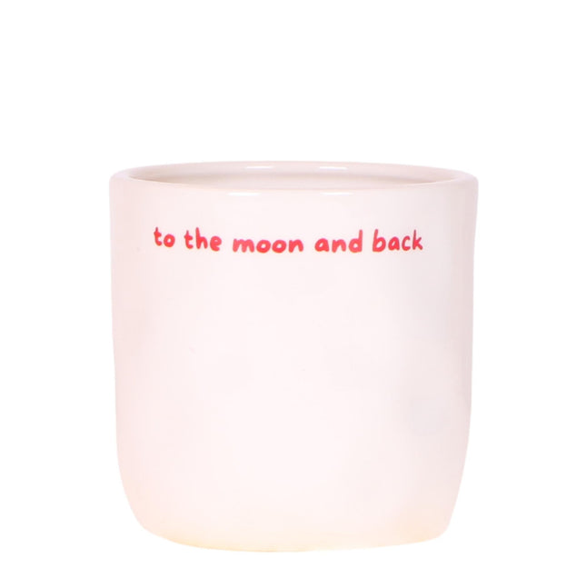 Ziertopf To the Moon and Back – Ø9cm – Weißer Keramiktopf mit rotem Schriftzug – Blumentopf als Geschenkidee – Romantische Deko für Zuhause & Büro