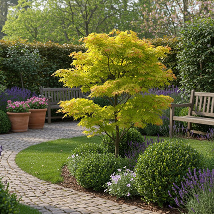 Japanischer Ahorn Acer palmatum 'Jordan' – Gelb – Grün – Balkon – & Gartenpflanze – Ø19cm – Ca. 70cm hoch