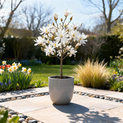 Sternmagnolie Magnolia stellata – 19cm Höhe ca.90cm – Weiß blühend – Laubabwerfend & winterhart – Elegante Magnolie für Beet Balkon Terrasse