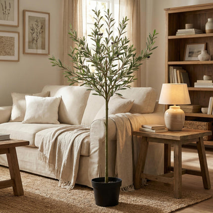 Kunstpflanze Olivenbaum150cm – künstlicher Olive Tree im Topf – realistische Blätter & Olivenoptik – pflegeleichter Deko