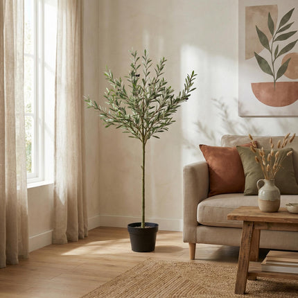 Kunstpflanze Olivenbaum150cm – künstlicher Olive Tree im Topf – realistische Blätter & Olivenoptik – pflegeleichter Deko