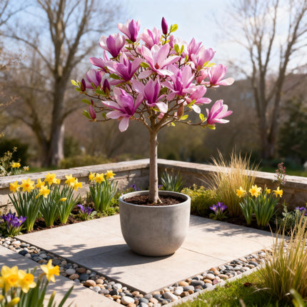 Magnolie Magnolia Susan – 19cm Höhe ca.90cm – Rosa blühend & duftend – Laubabwerfend & winterhart – Zierbaum für Beet Balkon Terrasse