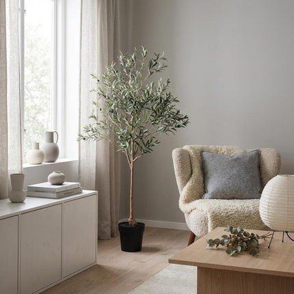 Kunstpflanze Olivenbaum 170cm – künstlicher Olive Tree – extra großer Deko – Baum mit realistischer Blatt – & Olivenoptik – pflegeleichte Grün