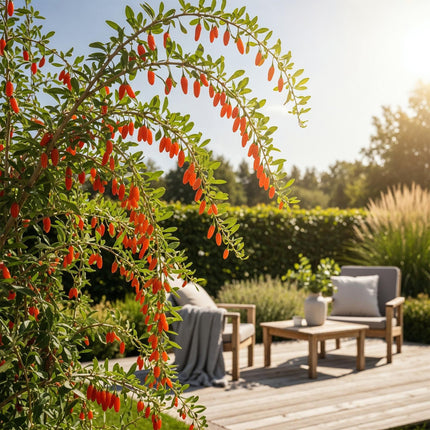 Goji – Beere Lycium barbarum winterhart 3 Pflanzen Ø9cm Höhe 30cm – Rote orange Beerenpflanze für Garten Beet Balkon & Terrasse