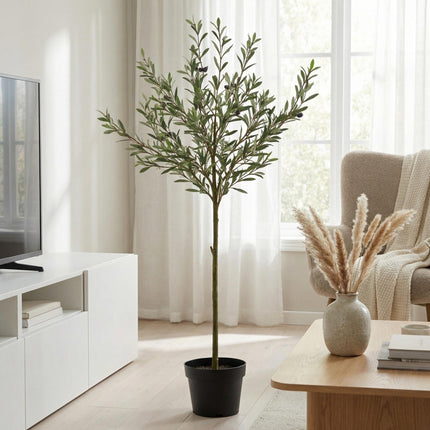 Kunstpflanze Olivenbaum150cm – künstlicher Olive Tree im Topf – realistische Blätter & Olivenoptik – pflegeleichter Deko