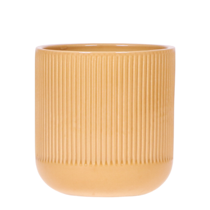 Flare Dekotopf ocker Ø9cm – Blumentopf mit Rillenmuster – runder Retro – Übertopf im 70er – Design